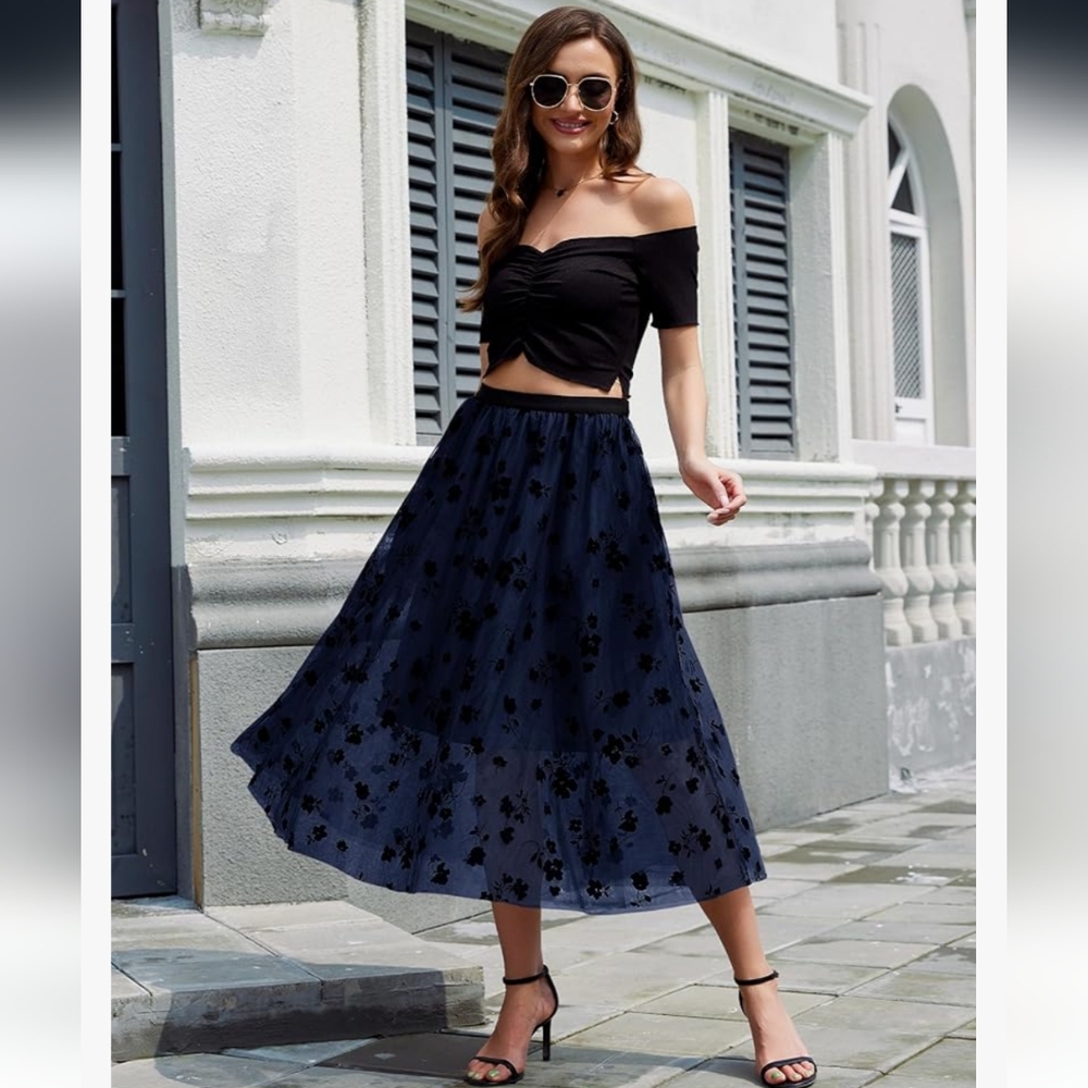 DAISYANER | Women's Navy 3D Floral Double Layered Mesh Midi Skirt NWOT